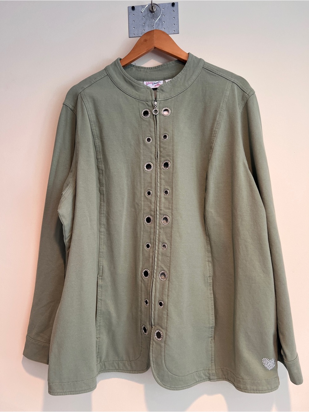 Quacker Factory Dream Jeannes Jacket Womens 2X Sage Green Full Zip Rhinestone